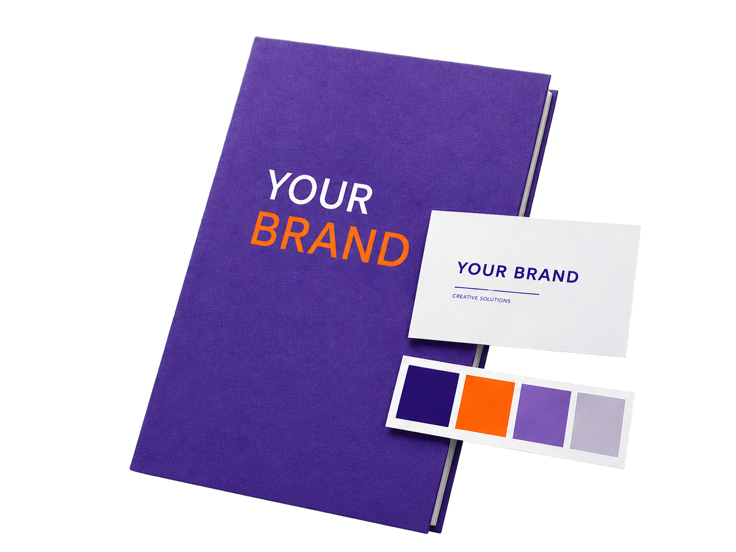 Purple brand book with a business card and colour swatches