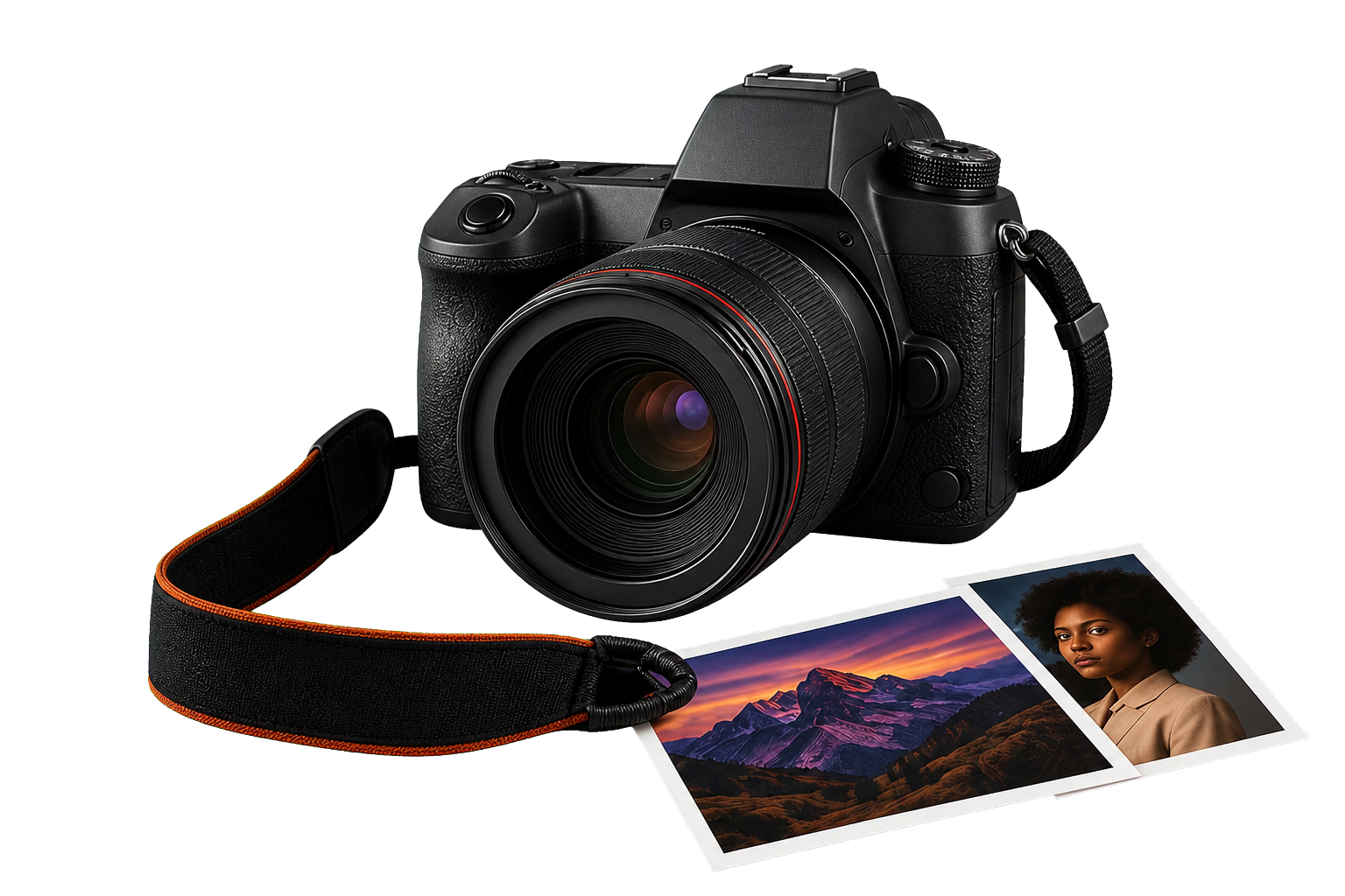 Professional camera, strap and printed photographs