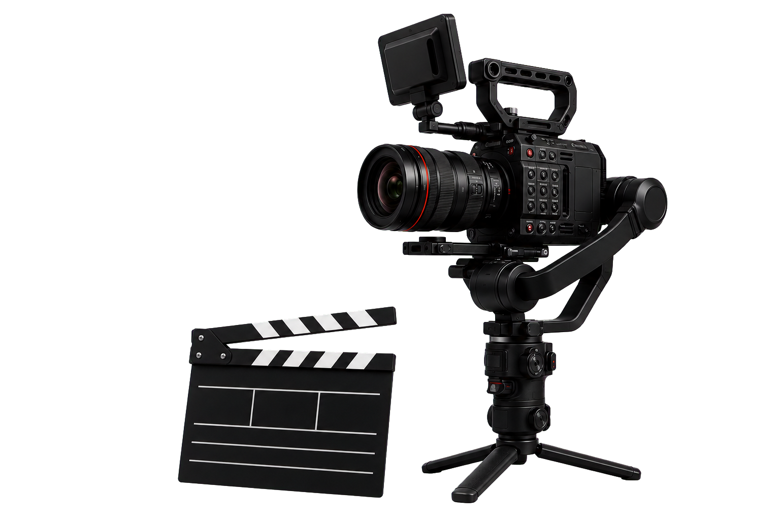 Cinema camera on a gimbal beside a clapperboard